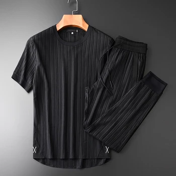 

(T-SHIRTS+PANTS) Plus Men Size Classical Vertical Stripes Short Sleeved T-shirt Mens Summer Ventilat Man Sets