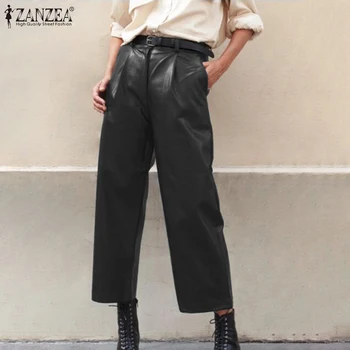 

Fashion PU Leather Trousers Women's Wide Leg Pants ZANZEA 2020 Casual Button Zip Long Pantalon Female Black Turnip Plus Size