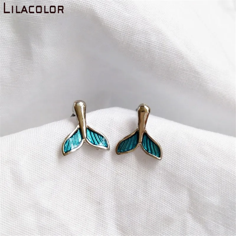 

Lilacolor Vintage Fish Tail Small Women Stud Earrings Blue Korean Sweet Alloy Metal Stud Earring Fashion Jewelry Accessories