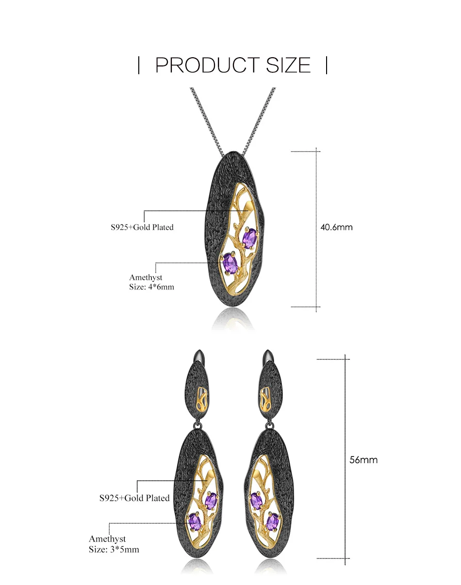 GEM'S балетные 925 пробы серебряные кольца серьги кулон наборы Натуральный Аметист ручной работы ветка набор украшений для женщин хорошее ювелирное изделие