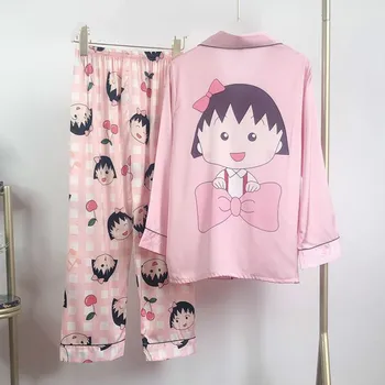 

Cartoon Print Pajamas Set Pink Women 2PCS Sleepwear Autumn New Shirt&Pant Female Long Sleeve Pyjamas Suit Loose Home Clothes