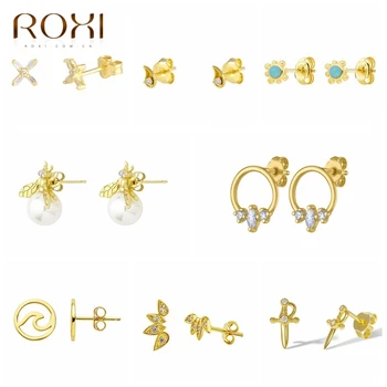 

ROXI Mini Bee X Comma Dagger Beetle Wave Flower Crown Round Stud Earrings for Women Men Jewelry 925 Sterling Silver Earrings