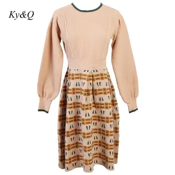 

Vintage Women Luxury Dress 2020 Spring New O-Collar Contrast Floral Embroidery Lantern Sleeve Knit Sweater A-line Dress Clothes