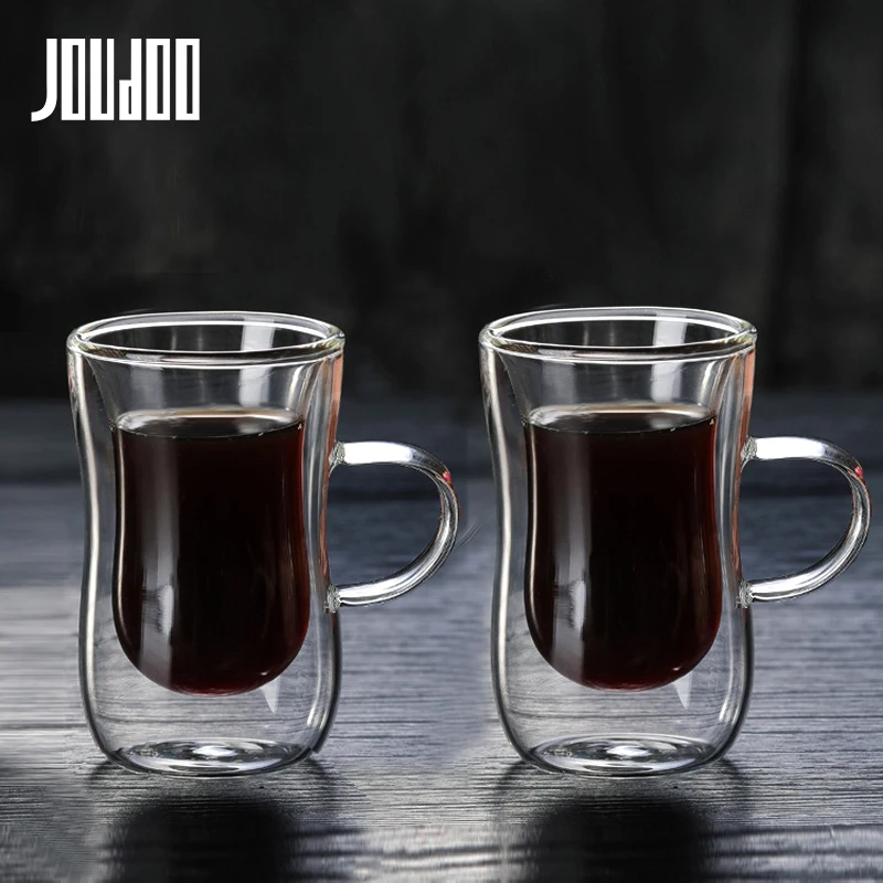 

JOUDOO 1/2/4/6/8PCS 80ml Double-layer Glass Coffee Cup European-style Coffee Mug with Handle Espresso Coffee Cups Cafe Glass 35