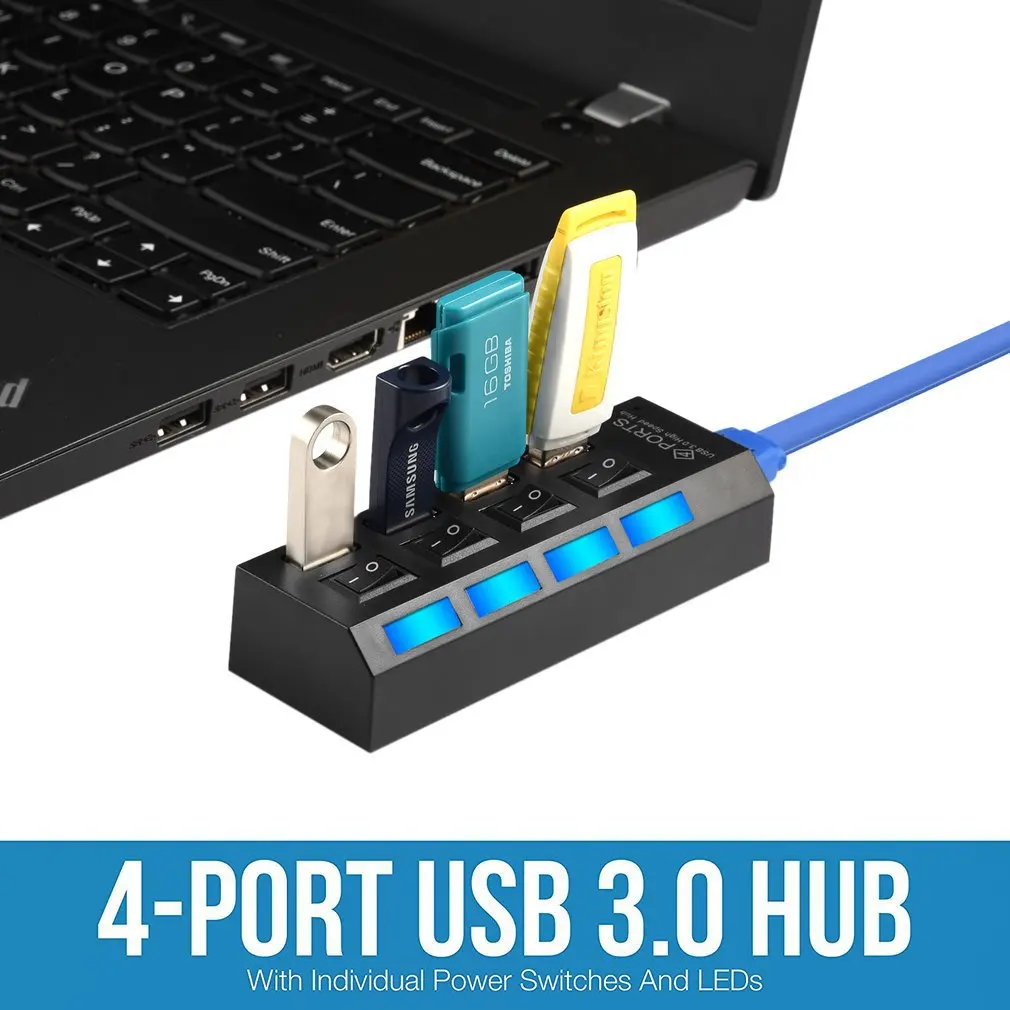 4 порта USB 3,0 концентратор супер скорость 5 Гбит/с Переключатель ВКЛ/ВЫКЛ для Windows для Mac OS для Linux ПК ноутбук черный