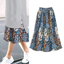 Плиссированные женские длинные юбки с цветочным принтом, эластичная синяя и розовая юбка трапециевидной формы с высокой талией для девушек, сезон осень-лето, повседневные женские юбки
