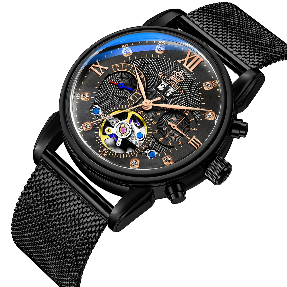 

Fashion Men Skeleton Automatic Mechanical Watch Mesh Strap Tourbillon Man Self-Wind Watches Top Brand Luxury Relogio Masculino
