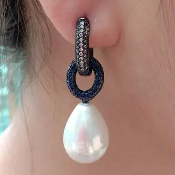 

Teardrop White Sea Shell Pearl Colbalt Cz Pave Ring Stud Earrings