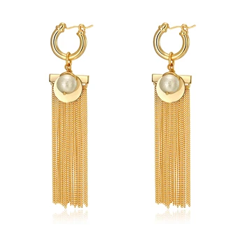 

Fashionable Metal Smart Tassel Cotton Pearl round Plate Earrings Long Two-Piece Ear Stud Earrings Female