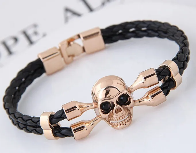 Fashion simple punk hip hop style skull head personality alloy bracelet leather men's classic all-purpose bracelet Fashion simple punk hip hop style skull head personality alloy bracelet leather men's classic all-purpose bracelet
