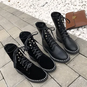 

2020 Winter Women Pearl Leather Female Lace Up Martin Boots Retro Suede Ankle Military Boots British Western Cowboy Boots Shoes