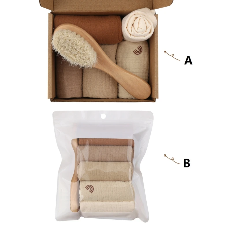 

67JC 5 Pcs Baby Cotton Square Towel with Newborn Hair Brush Infant Hand Face Washcloth Handkerchief Muslin Cloth Feeding Bib for