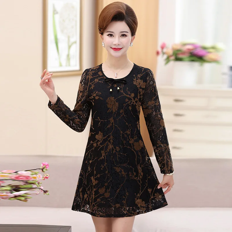 

Mom Autumn Clothing Dress 2018 New Style Middle-aged Female Spring Autumn Clothing Skirt Middle-aged Lace Long Sleeve WOMEN'S Dr