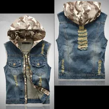 Cool Music New Style Korean-style Slim Fit with Holes Denim Waistcoat MEN'S Wear Hooded Denim Jacket Men Camouflage Denim Vest