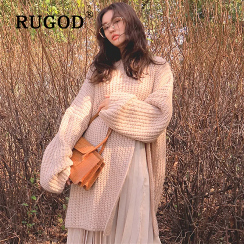 RUGOD, корейский, ins, раздельный, длинный свитер, женский, модный, Круглый ворот, рукав летучая мышь, негабаритный, вязанный, для женщин,, Повседневный, Однотонный свитер