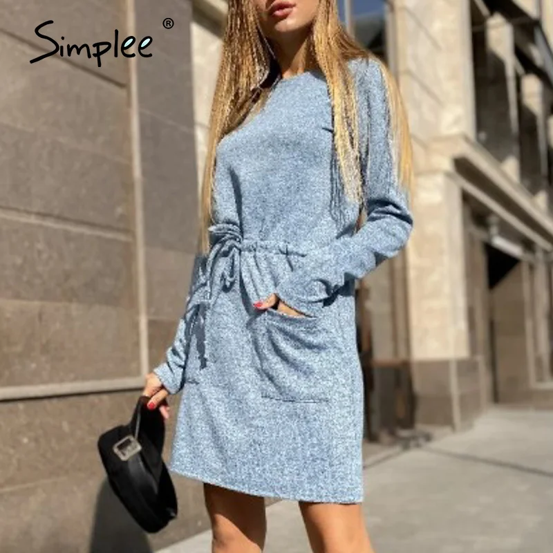 Simplee Casual A-Line women's dress Lace up pocket o-neck long sleeve dress Comfortable autumn holiday dress Office dress 2020