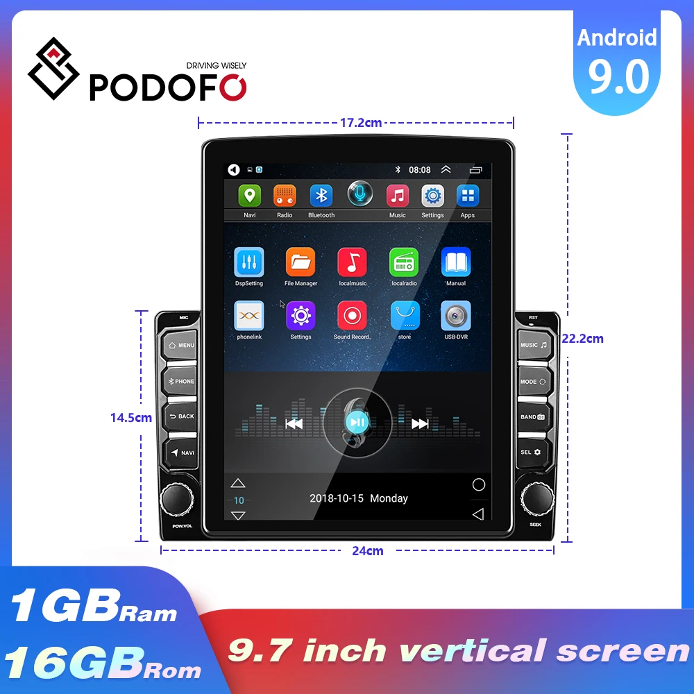Podofo Android автомобильный радиоприемник 2 Din 10 1 &quotвертикальный Экран HD 2.5D Видео