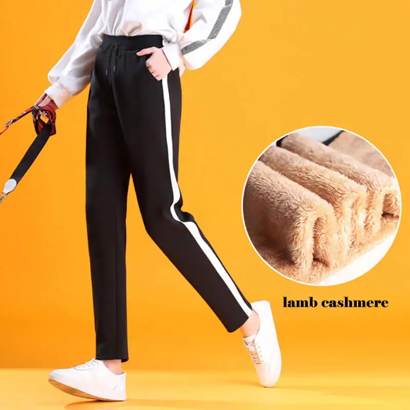 white lamb cashmere JORSEA женские джоггеры зимние теплые штаны в полоску флисовые шаровары свободные женские толстые мягкие бархатные теплые брюки уличная одежда 5XL - Цвет: white lamb cashmere
