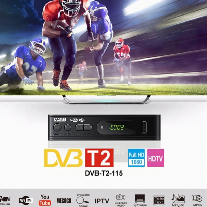 Full-HD1080P Dvb-t2 тюнер ТВ коробка Dvb T2 Wi-Fi Usb2.0 HDMI спутникового ТВ приемник тюнер Dvbt2 встроенный инструкцию на русском с антенной