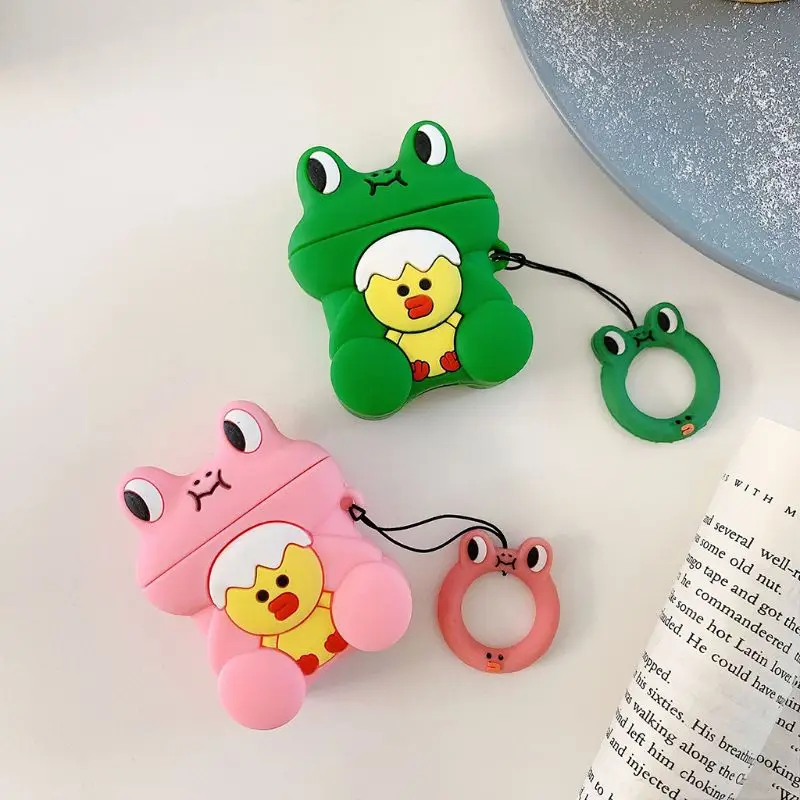 Cute Frog Chicken Pattern Soft Silicone Protective Case Skin Protector with Lanyard for Airpods 1/2 Charging Box Accessories