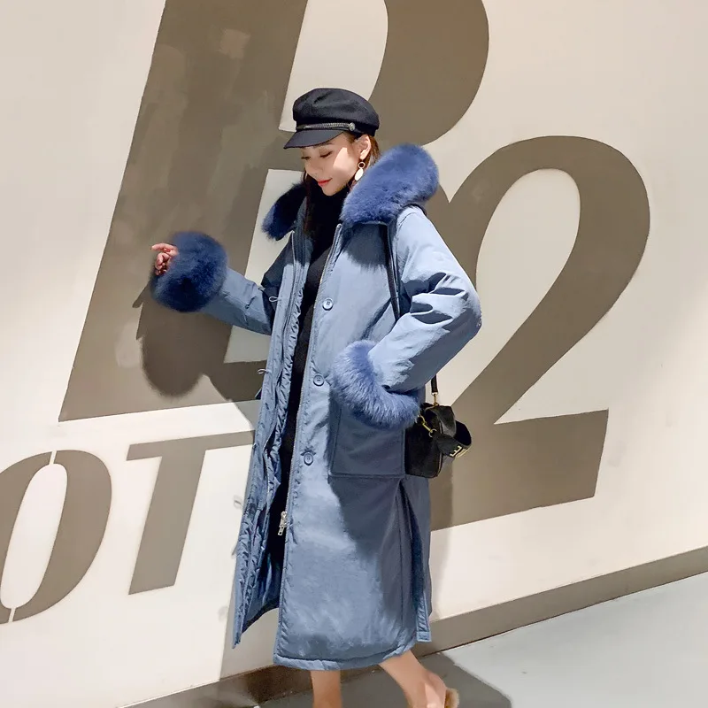 Южная Корея Dongdaemun пуховик женский средней длины выше колена манжеты Лисий мех Талия обнимает большой меховой воротник толстое пальто с открытыми плечами S