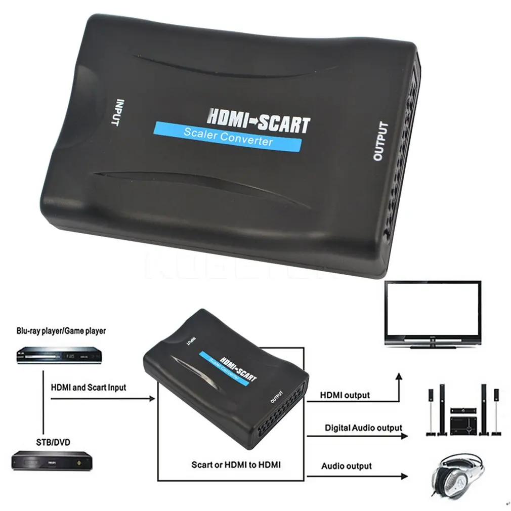 Мини SCART К HDMI 1080P видео аудио высококлассный конвертер адаптер для HD tv DVD для Sky Box STB Plug and Play с кабелем постоянного тока