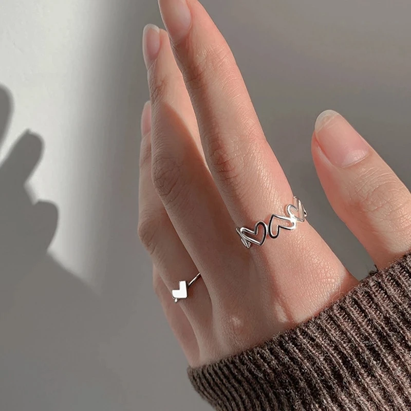 Silver Color Hollowed Heart Shape Open Ring Set Design Cute Fashion Love Jewelry For Women Girl Gifts Adjustable Birthday Party