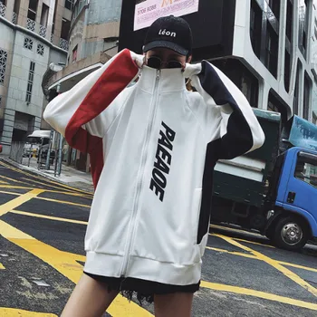 

Couple Sweatshirt 2020 New Contrasting Color Lettered Zip Up Stand Collar Loose Kpop Preppy Style Cotton Free Shipping