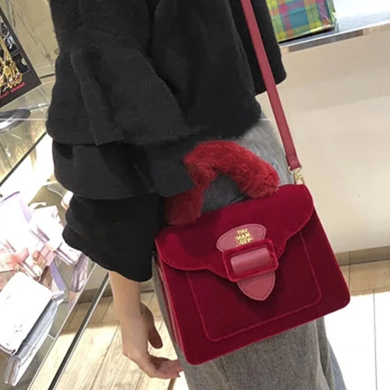 

2019 New Fashion Autumn Winter Luxury Women's Handbags Designer Wild Pure Color Velvet Soft Hair Shoulder Messenger Bag
