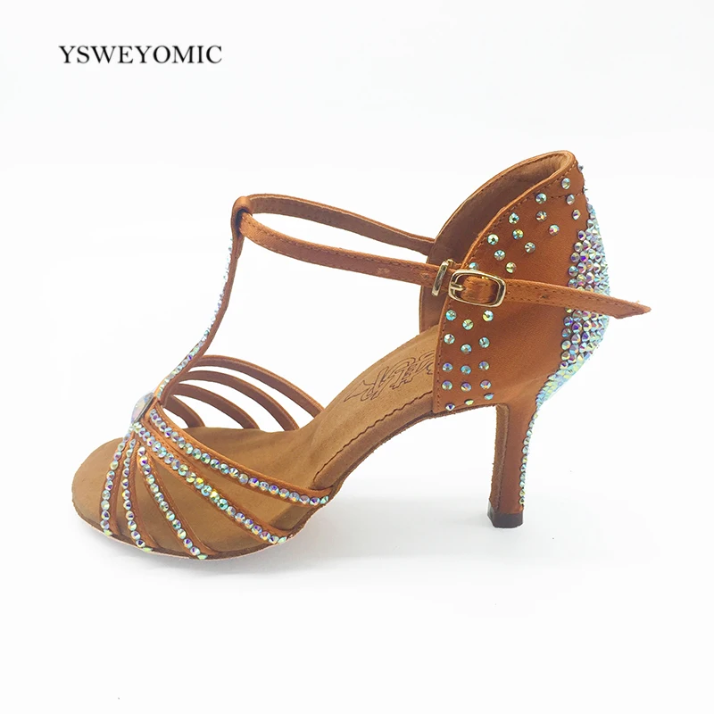 Latin Dancing shoes Women Soft Outsole Tan color 8.5cm slim high heel Rhinestones Latin Bachata Salsa Dance Shoes for Girls  013