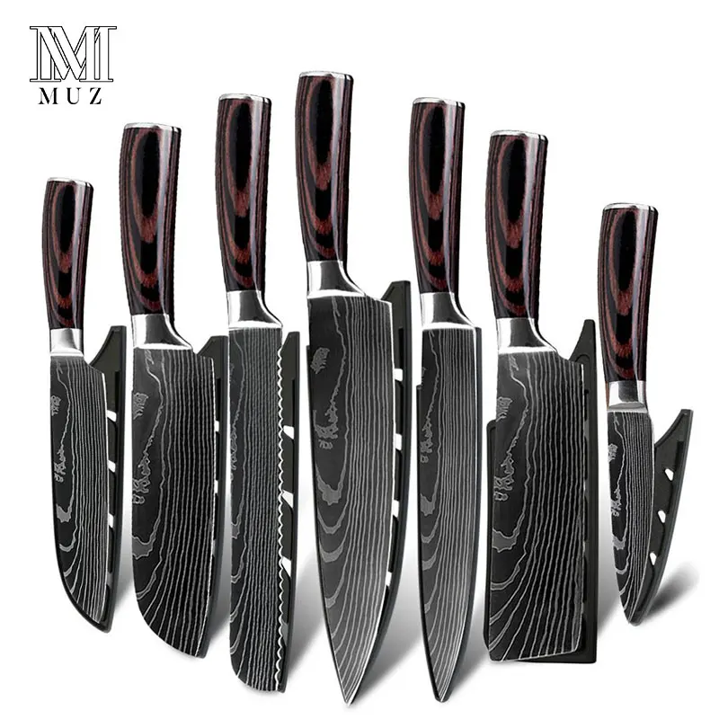 

Stainless Steel Kitchen Knives Imitation Damascus Pattern Chef Knife Sharp Santoku Nakiri Cleaver Slicing Utility Cooking Tools