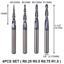 

4pcs/Lot Tungsten Solid Carbide Inch Size 3.175mm Ball Nose Tapered End Mill Router Bits CNC Taper Wood Metal Milling Cutter