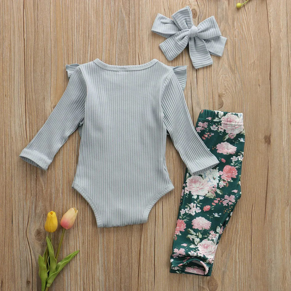 Focusnorm/комплект одежды с цветочным рисунком для новорожденных девочек от 0 до 24 месяцев, однотонный хлопковый комбинезон, боди, штаны с цветочным принтом повязка на голову, комплект из 3 предметов