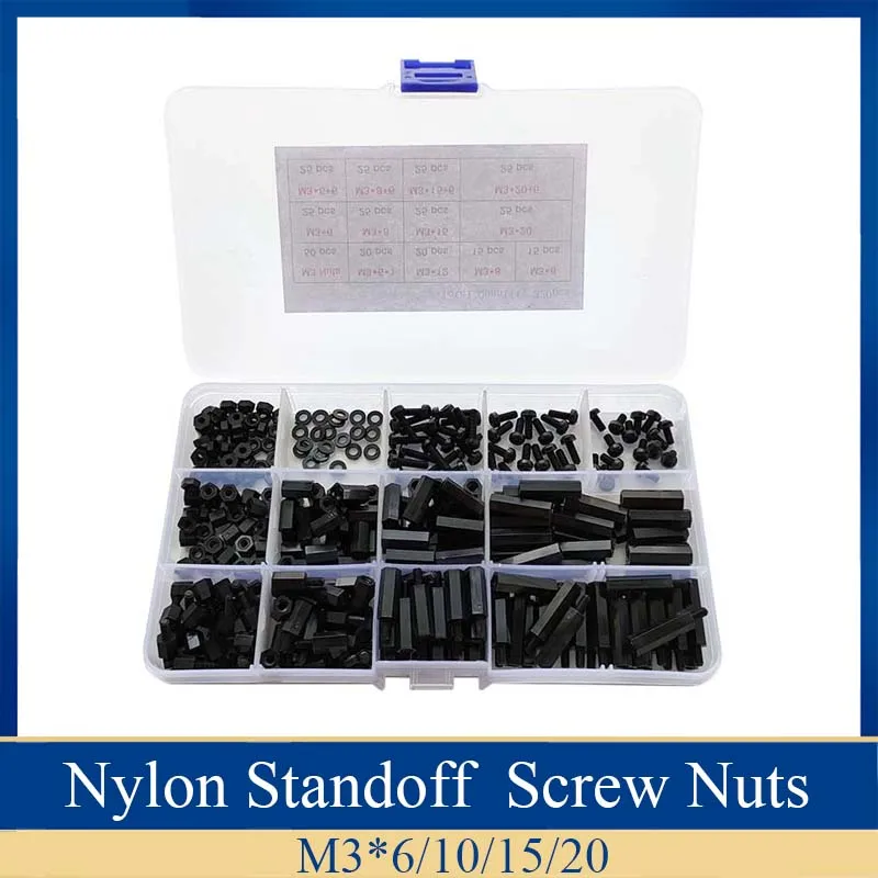 

320pcs Black Nylon Two Way Hex Column Standoff Spacers Screw M3 Nut & Screw Set
