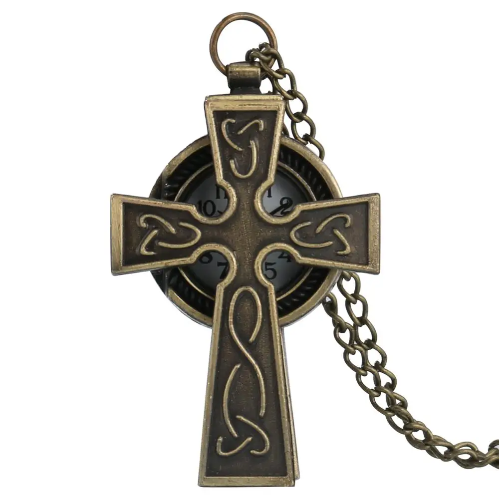 

Bronze Cross Shaped Pray Quartz Pocket Watch Vintage Antique Fob Watch Men Women Gift Necklace Chain montre gousset