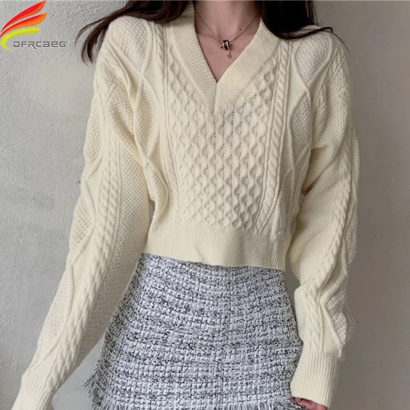 

New 2020 Winter Women Sweaters And Pullovers With Belt Fashionable Beige Or Black V Neck Crop Sweater Knit Streetwear Pull Femme