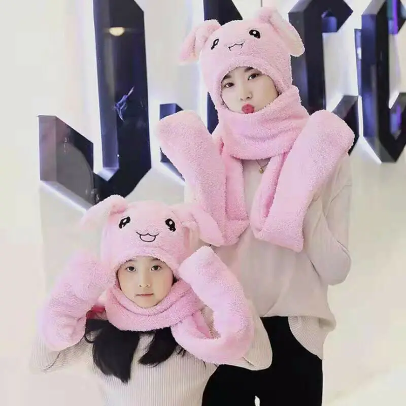 

Family Matching Hats 3 in 1 scarf and Golves Hats with Ear Monther-Kids Cute Rabit caps Plush