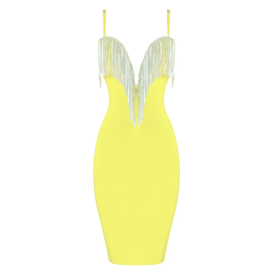 Ailigou2019 осеннее Новое Женское Бандажное мини-платье, вечерние платья знаменитостей, сексуальное облегающее платье с v-образным вырезом, шипованное платье с бахромой Vestidos - Цвет: yellow