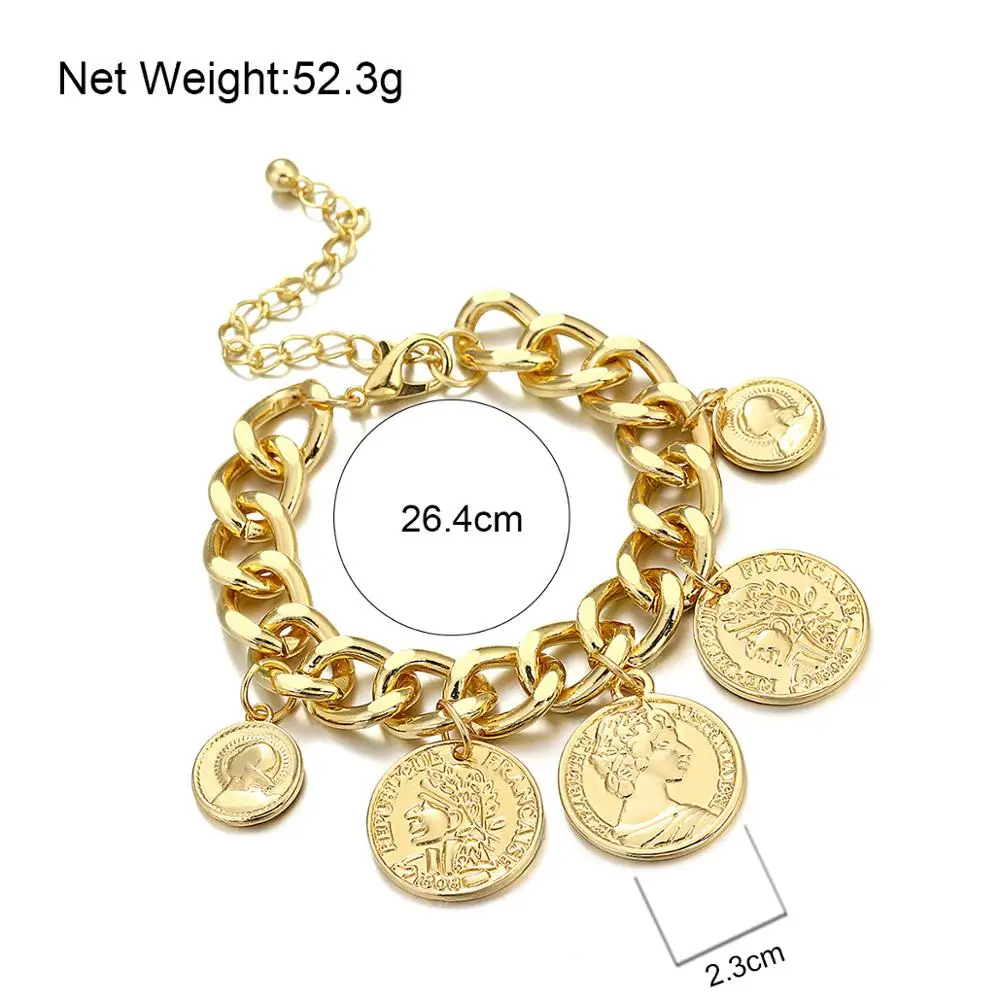 Flashbuy Gold Color Chain Coins Bracelet Personality Vintage Portrait Charms Bracelets For Women Fashion Accessories