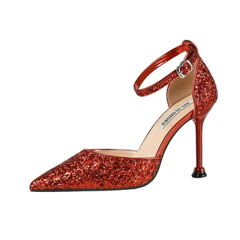 

QSR 9.5CM/6.5cm red pumps sexy pointed sequins high-heeled shoes with nightclub sandals fine with temperament women's shoes