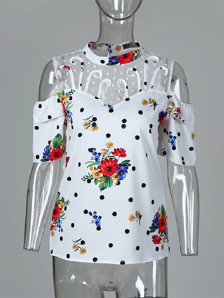 Осенний женский элегантный повседневный топ для отдыха женский винтажный цветочный топ для отдыха Базовая рубашка с открытыми плечами сетчатая блузка с принтом