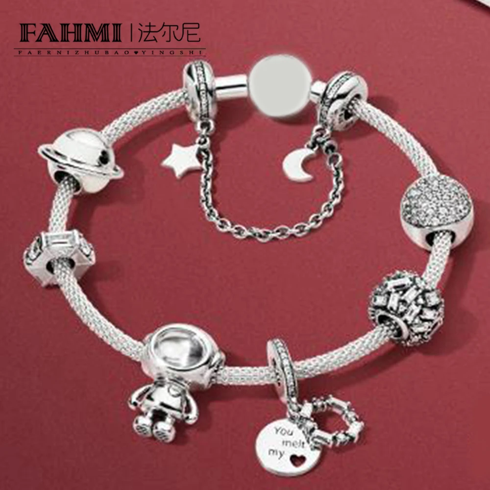 

FAHMI 100% 925 Sterling Silver Winter Bracelet Set Planet of Love Astronaut Charm PAVE SPHERE Bead CHARM Galaxy Safety Chain