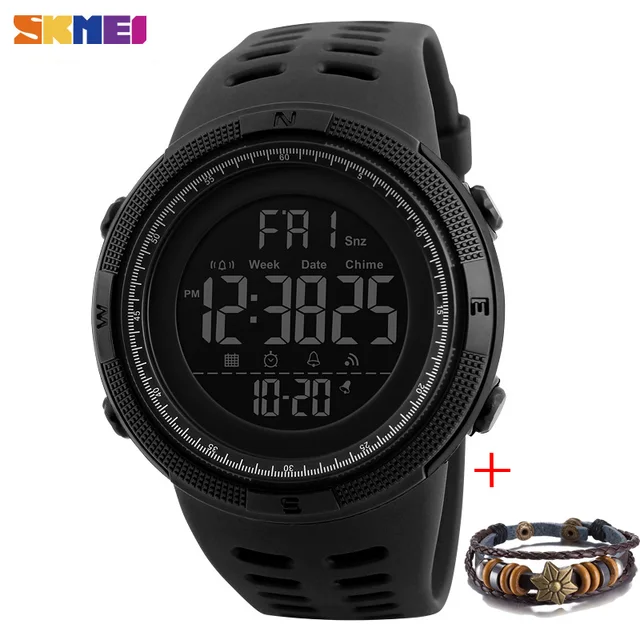 SKMEI Fashion Outdoor Sport Watch Men Multifunction Watches Alarm Clock Chrono 5Bar Waterproof Digital Watch reloj hombre 1251 Black with Bracelet