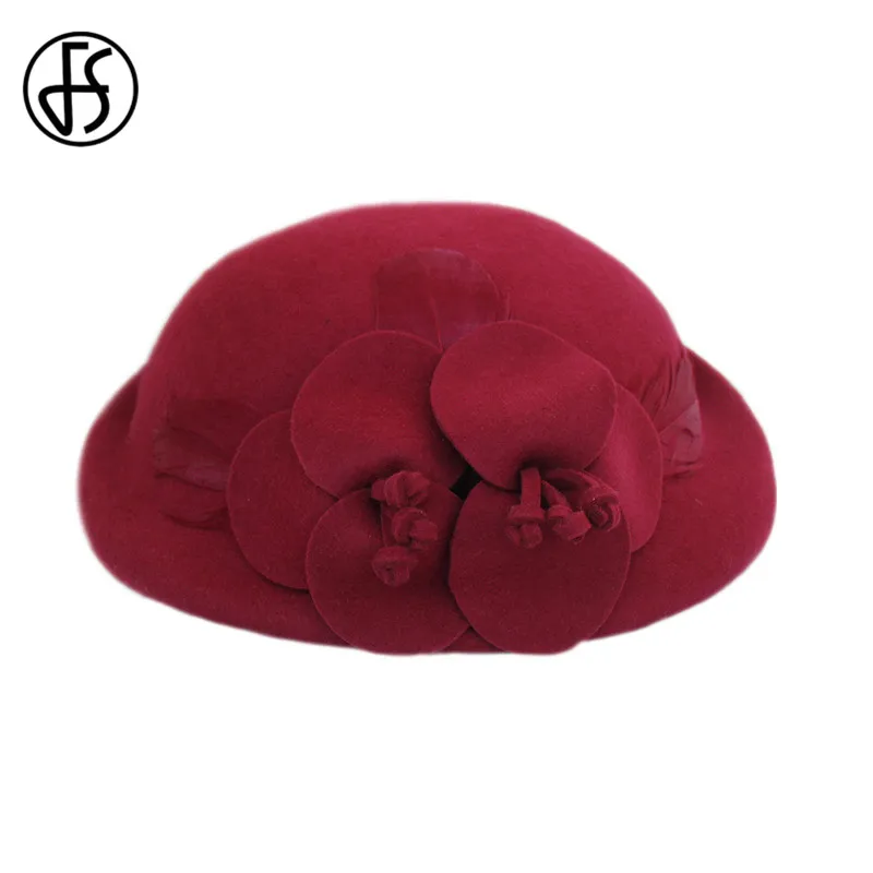 FS винтажная шерсть фетровая шляпа-котелок для женщин Черный Красный Цветочный чародей теплая зимняя церковная Кепка женская свадебная шляпа