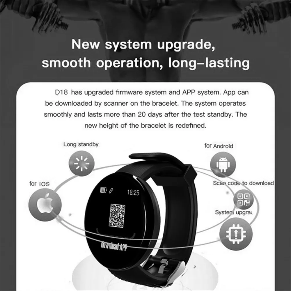 D18 новые умные часы для мужчин, кровяное давление, Круглые, Bluetooth, умные часы, женские часы, водонепроницаемые, спортивные, трекер, WhatsApp, для Android Ios