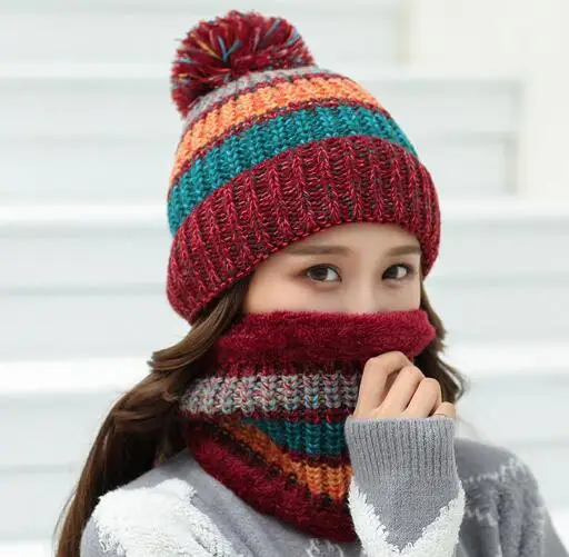 Новая Вязаная Зимняя разноцветная шапочка, шарф, набор, женские толстые хлопковые шапки-бини и шарф с кольцом, женские вязаные зимние аксессуары