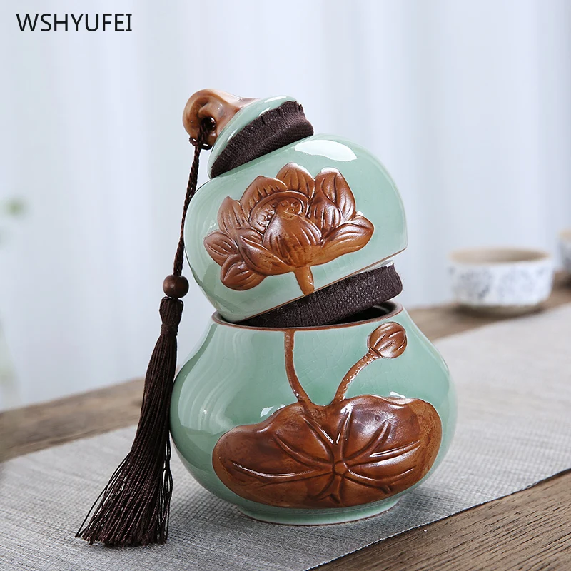 1Pcs Double-layer gourd style home Ganoderma lucidum tea coffee bean biscuit candy sealed jar pill powder ceramic storage tank