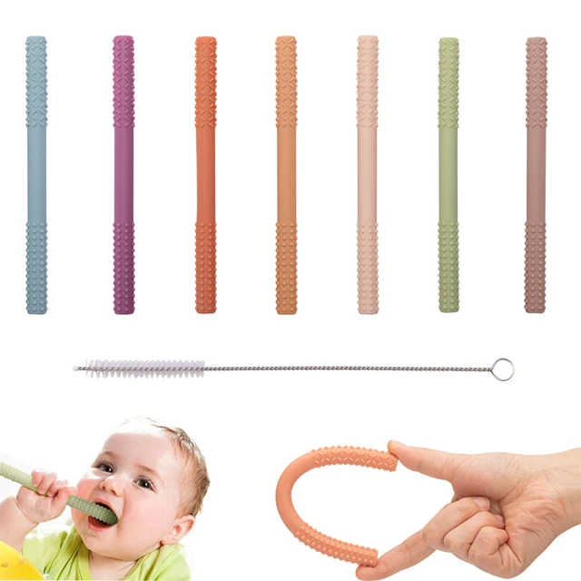 Baby Teether Food Grade Silicone Molar Straw Teething Tube Anti-eating Hand Molar Stick Silicone+Straw Brush Baby Care Teethers 1