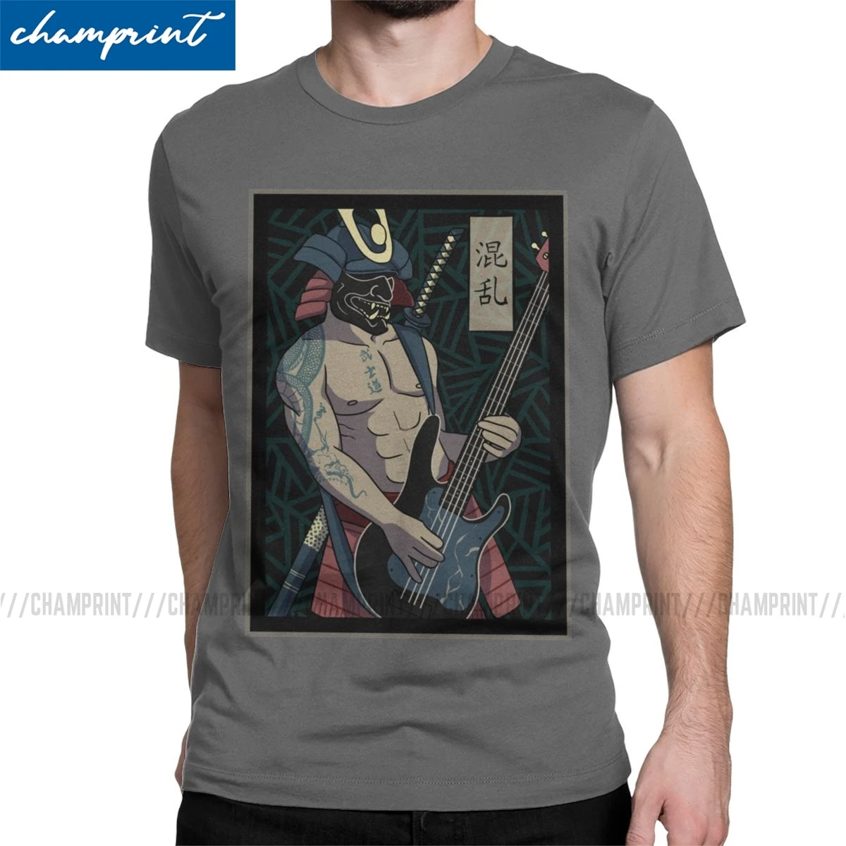 

Men T-Shirt Bassist Samurai Cool Tees Short Sleeve Rock Metal Music Funny Japan Player T Shirt Crew Neck Tops Graphic Printed