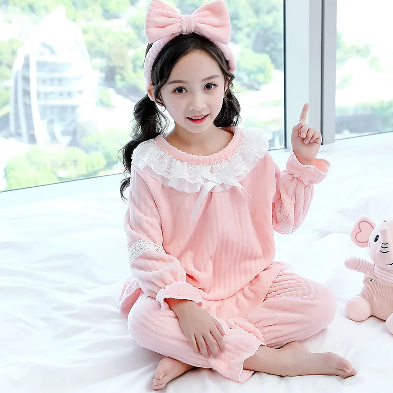 

Girls' Pajamas Flannel Autumn and Winter Clothing 2020 Children's Home Clothes Thickening Girl Baby Coral Fleece Suit
